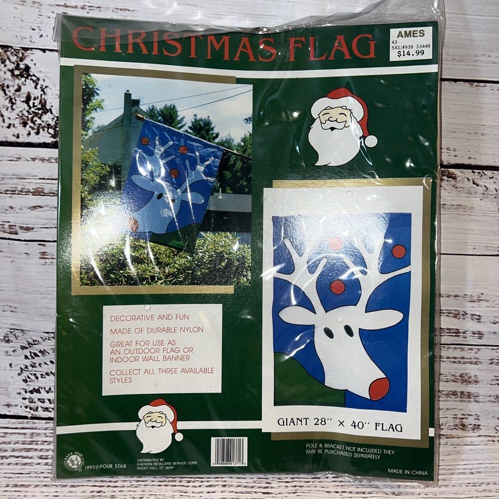 Vintage Nylon Reindeer Christmas Large House Flag Banner 28 x 40 1993 New NIP‎